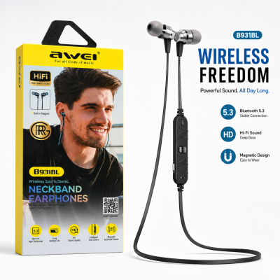Awei B931BL Wireless Sports Neckband Earphone – Bluetooth 5.3 Headset with HiFi Stereo Sound, Deep Bass, 200mAh Battery & In-line Wire Control